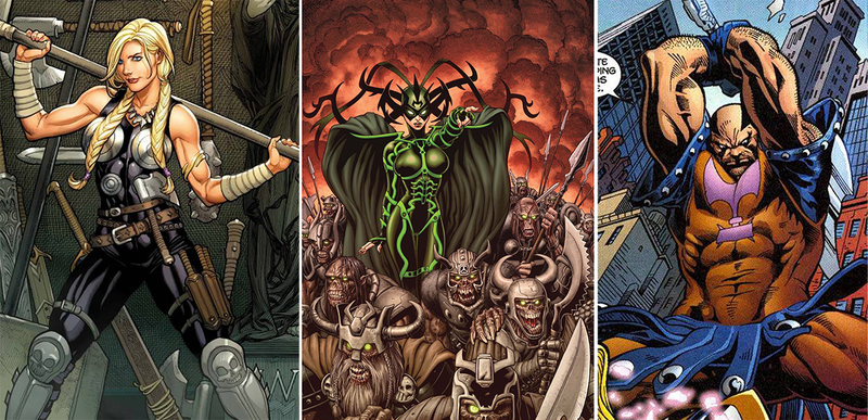 De izquierda a derecha: Valkyrie, Hela y Skurge.